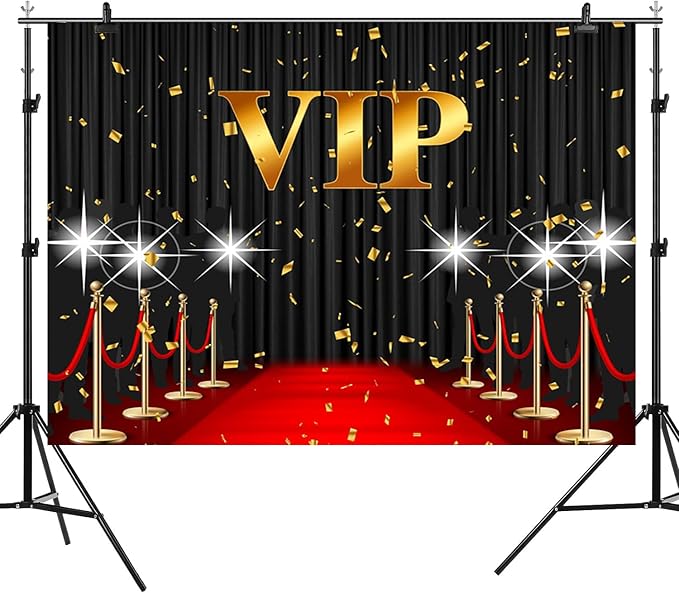 10x8ft VIP Backdrop Red Carpet Event Photography Background Black Curtain Star Catwalks Stage Film Movie Music Night Gold Banner Decorations Celebrity Activity Portrait Photo Booth Prop