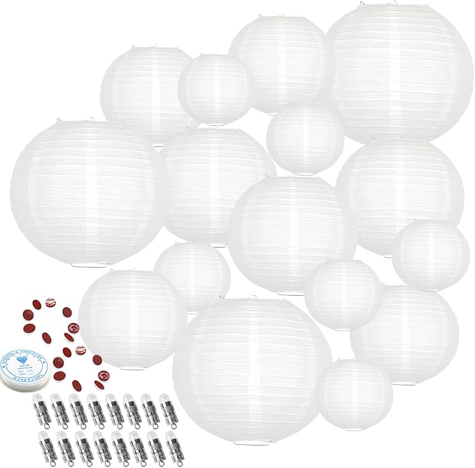 16-Pack White Hanging Paper Lanterns with 16 LED Lights, Reusable Round Chinese Lanterns for Graduation, Wedding, Birthday, Baby Shower & Ceiling Party Decorations