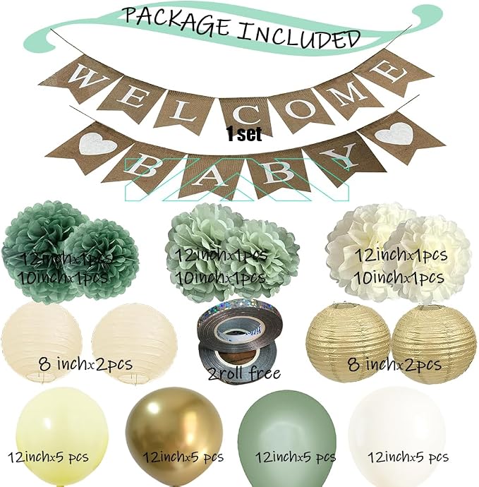 Welcome Baby Shower Decorations - Sage Green Beige Baby Gender Reveal Party Balloons Decor with Pre-strung Burlap Sign Banner Wall Hanging Supplies (Soft yellow + Sage + Gold)