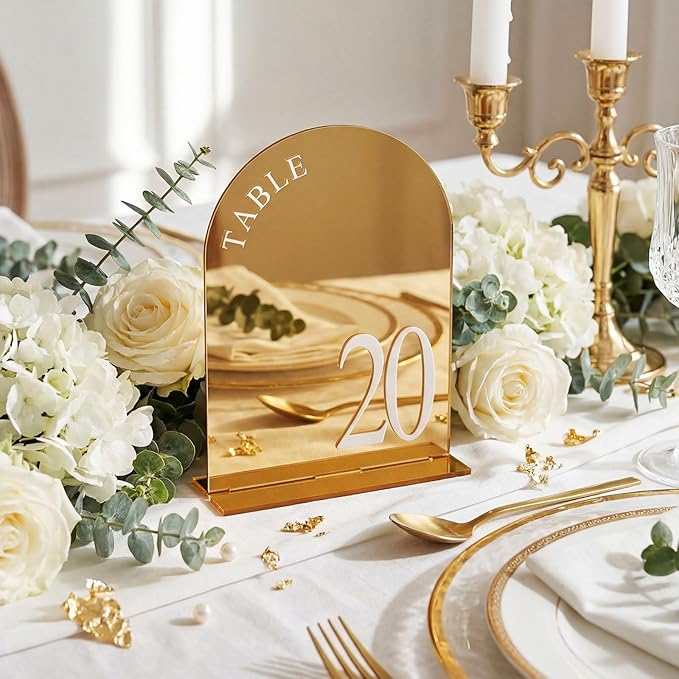 AceOrbit Gold Wedding Table Numbers 1-20 with Stands 5" x 7" Gold Acrylic Wedding Signs with Holder Mirrored Arch Numbered Signage Double Sided Tabletop Reception Sign for Anniversary, Event Decor