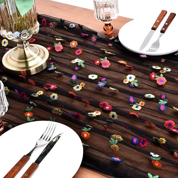 Joanlody Black Summer Flower Table Runner 10ft Embroidery Daisy Floral Seasonal Tulle Table Runner for Home Garden Tea Party Holiday Birthday Decoration