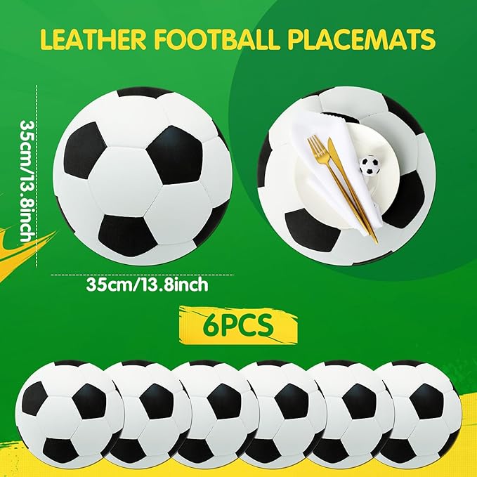 Remerry 14 Inch Leather Soccer Placemats Set of 6 Soccer Shape Table Mats for Sport Ball Birthday Party Decorations Heat Resistant Sport Ball Place Mat for Game Day Sportball Party Favors Kitchen