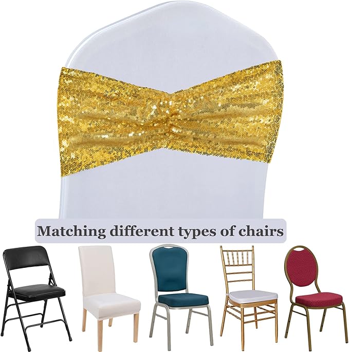 SquarePie Sequin Chair Sashes 30 Pack - Gold Decorative Sashes Bands for Wedding Party Decoration, Seuqin Fabric Bow for Banquet Reception Chairs