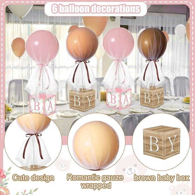 6 Set Pink Brown bear Tulle Tutu Balloon with Letter Boxes Baby Shower Table Centerpieces Decor for Gender Reveal 24'' Balloons White Tulle Cover with Stand, Boxes for Girl Boy Wedding Birthday Party