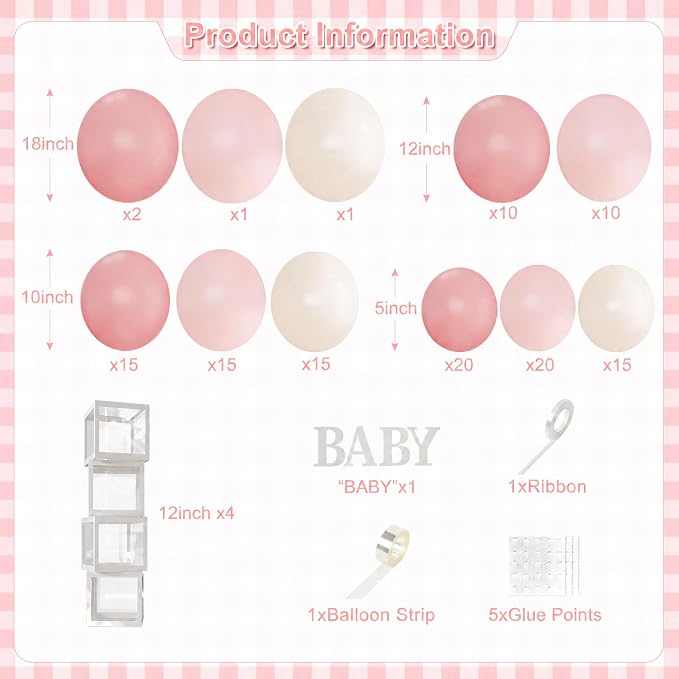 Pink Balloon Arch Garland Kit, 132Pcs Pink Baby Shower Decorations for Girl Baby Boxes with Letters for Boho Baby Shower Birthday Gender Reveal Party Wedding Decorations