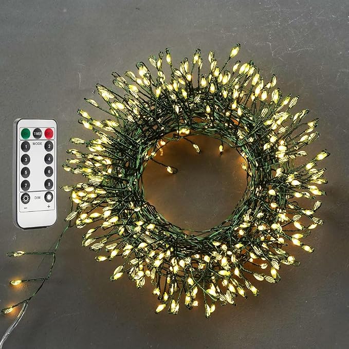 Firecracker Fairy Lights Plug in,100ft 1000LEDs Green Wire Cluster String Lights,Waterproof 8 Modes Remote Twinkle Light for Outdoor Indoor Garden Bedroom Christmas Tree Holiday,Warm White