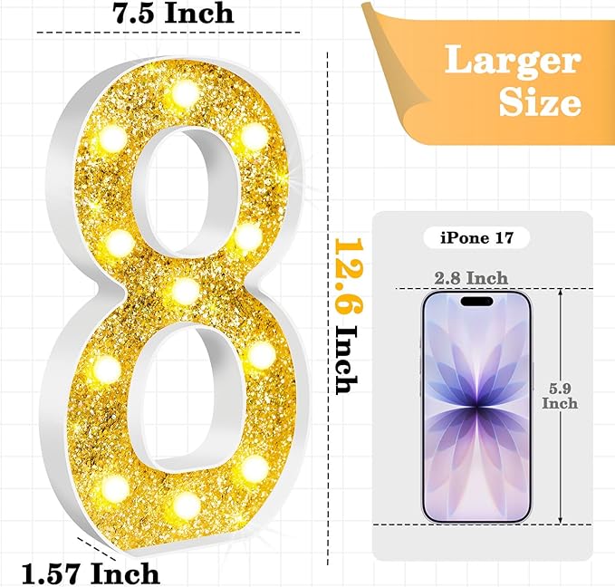 12.6 Inch LED Gold Marquee Light Up Numbers, 8th Birthday Decorations Number Lights as Gifts for Girls Boys, Glitter Lighted Marquee Numbers for Golden Anniversary Party Table Decor, 8