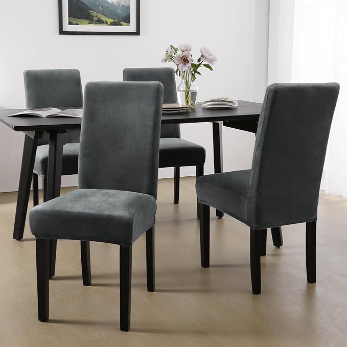 MOSAYT Velvet Stretch Chair Covers for Dining Room Set of 4 - Soft Slipcovers with Thick Removable Fabric for Parsons Chairs, Washable Seat Protectors for Kitchen, Banquet & Home Decor, Grey