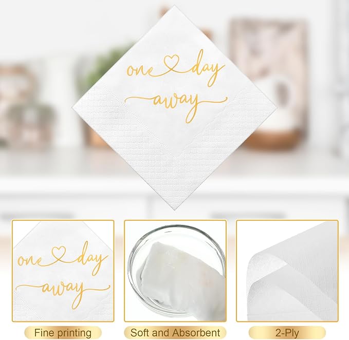 Crtiin 200 Pcs One Day Away Rehearsal Dinner Cocktail Napkins One Day Away Party Supplies Disposable Paper Napkins in Bulk for Wedding Rehearsal Dinner Beverage Table Decorations, 4.5 x 4.5 Inch Gold
