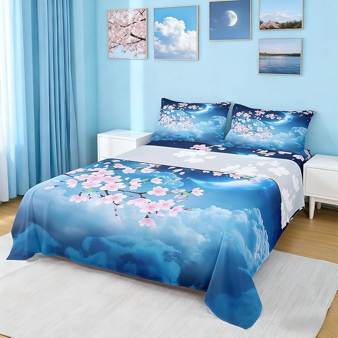 Castle Fairy Moon Fitted Sheet Set with 2 Pillowcase,Pink Cherry Blossom Bright Moon Planet,Soft Cool Hotel Top Flat Sheet Luxury Microfiber,Queen Size