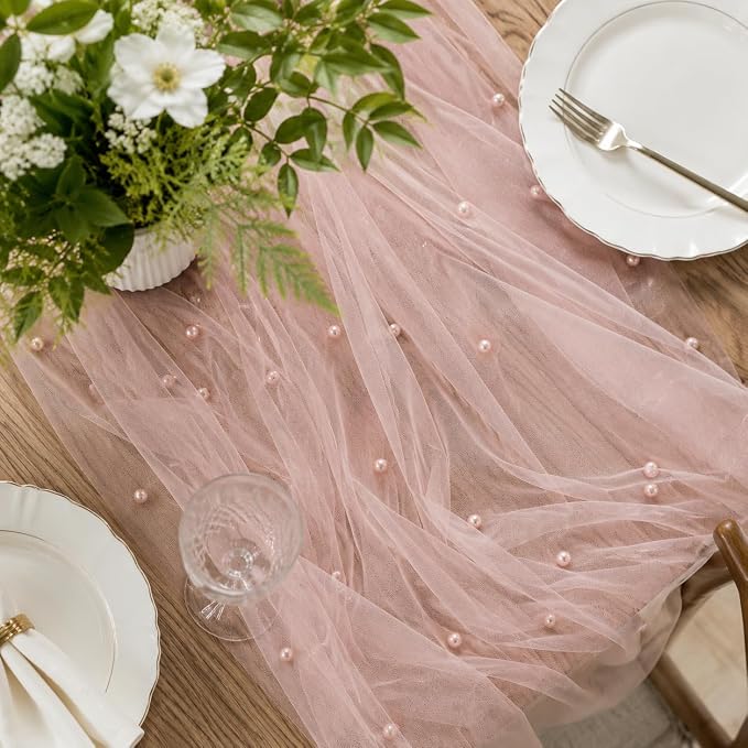 Pearl Pink Gauze Pearl Table Runner 120 Inch 10FT, Seasonal Sheer Dining Holiday Wedding Birthday Baby Shower Tulle Summer Table Decor for Home Party