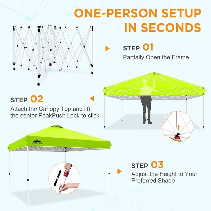 EAGLE PEAK Pop Up Canopy Tent with Wheeled Carry Bag, 8 Stakes, 4 Ropes, 4 Weight Bags, Easy Set Up Tent Canopy, 12x12 ft, 144sqft of Shade, Neon Green