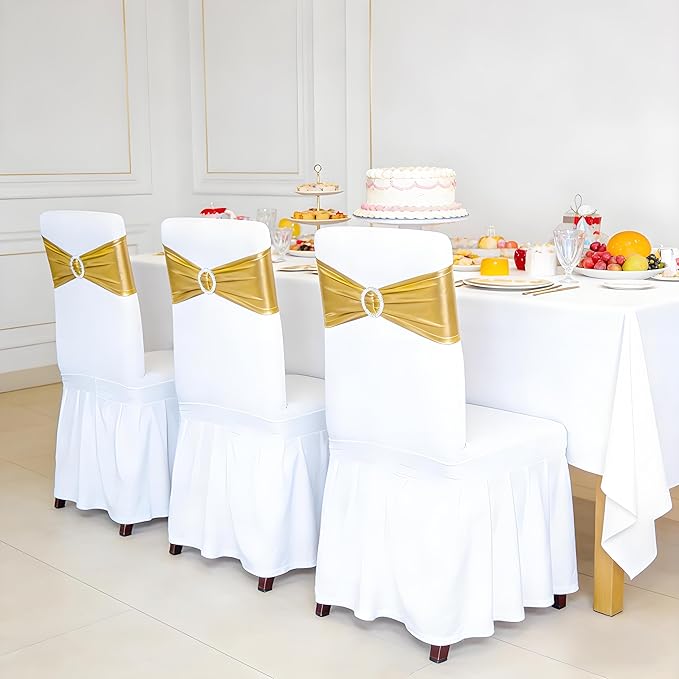 SquarePie 50 PCS Metallic Gold Spandex Chair Sashes - Shiny Stretch Bows with Buckle Slider - No-Tie Universal Elastic Chair Bands for Wedding Reception Party Banquet Event