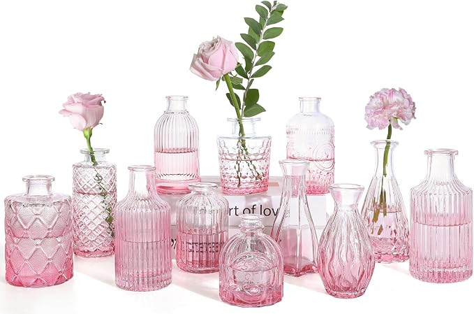 TBWIND Pink Glass Bud Vases Set of 12, Vintage Mini Vases for Centerpieces, Glass Bud Vase in Bulk for Wedding Decor, Single Flowers, Office and Home Table Flower Décor
