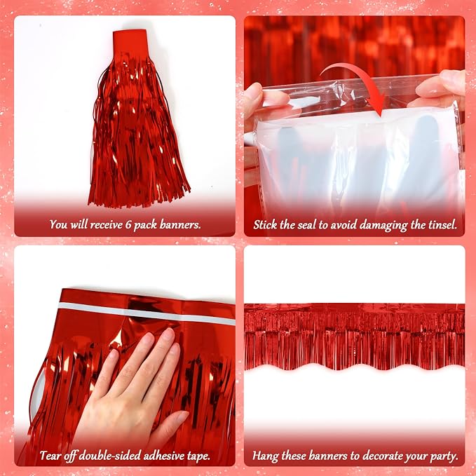 LOLStar Red Foil Fringe Tinsel Garland, Tinsel Streamers Banner, 6 Pack | 60Ft Tinsel Streamers, Shiny Red Wall Hanging Tinsel Fringe Banners for Valentines Day, Parade Float, Christmas Party Decor
