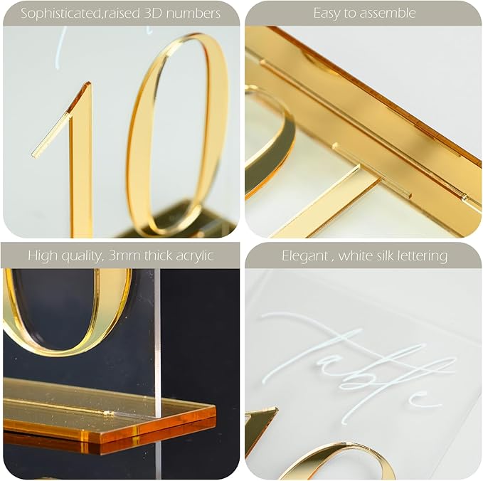 Acrylic Wedding Table Numbers 1-20 with Stands, 5"x7" Clear Acrylic Signs with 3D Gold Mirror Numbers, Clear and Gold 3D Table Numbers for Wedding Reception, Anniversary, Event