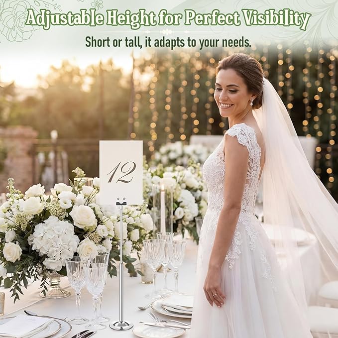 Kathfly Silver 12 Set Table Number Holders Adjustable Metal Place Card Holders Harp-clip Tabletop Sign Stands Detachable Card Holder for Weddings Birthday Restaurants Table Decor (7.9-13.2 Inch)