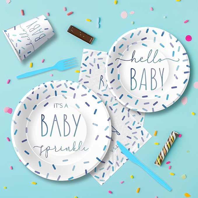 Sprinkle Baby Shower Decorations Tableware for Boy, Blue Confetti It's a Baby Sprinkle Party Decorations Supplies, Paper Plate, Napkin, Cup, Disposable Cutlery, Tablecloth, Serves 24
