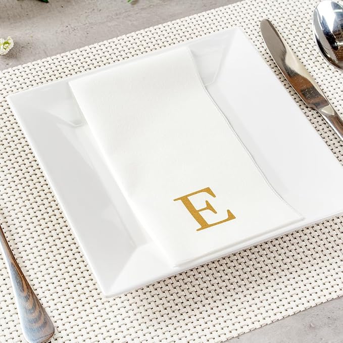 Luxenap 15.8 X 7.9 Inch Linen-Feel Guest Towels, 50 Lettered Hand Towels - Gold Letter 'E', Sans Serif Font, White Paper Dinner Napkins, airlaid, For Restrooms And Tables - Restaurantware