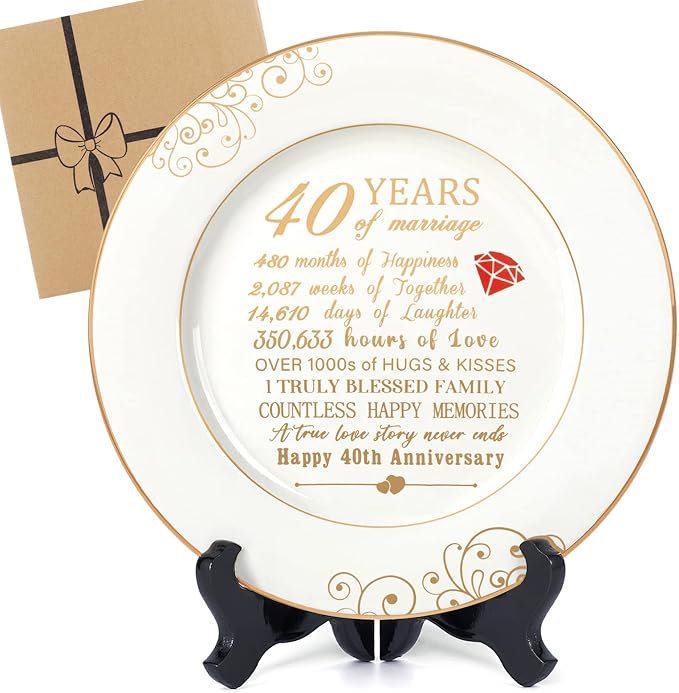 Urllinz 40th Anniversary Wedding Gifts for Wife - 40 Year Anniversaty Plate with 24k Gold Foil, Happy Decorations for Couple Parents Him Her Husband, Ceramic 9"