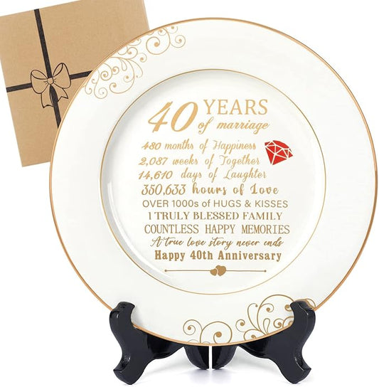 Urllinz 40th Anniversary Wedding Gifts for Wife - 40 Year Anniversaty Plate with 24k Gold Foil, Happy Decorations for Couple Parents Him Her Husband, Ceramic 9"
