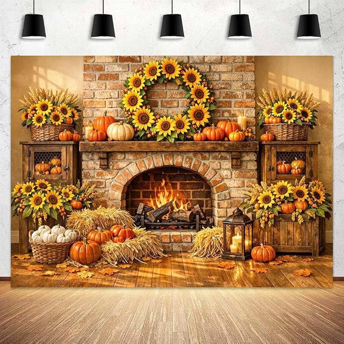 7 x 5 ft Fall Backdrop Fall Fireplace Harvest Pumpkins Maple Leaves Sunflower Background Rustic Friendsgiving Thanksgiving Family Party Decorations Backdrop Photo Props Supplies