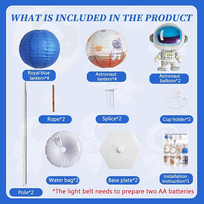 Astronaut Balloons Column Stand Kit And Paper Lantern 2 Sets 5.9 Feet with Reusable Metal Telescopic Design， For Outer Space Themed Parties, Birthday