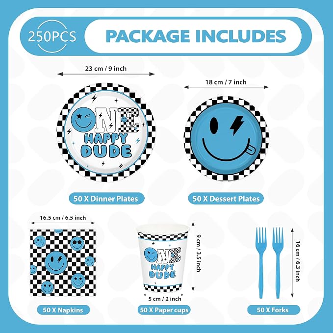 250Pcs One Happy Dude 1st Birthday Party Decorations Blue Smile Face Plates Napkins Cups Forks Tableware Set Black White Plaid Decoration for One Years Old Boy Birthday Baby Shower Supplies Serves 50