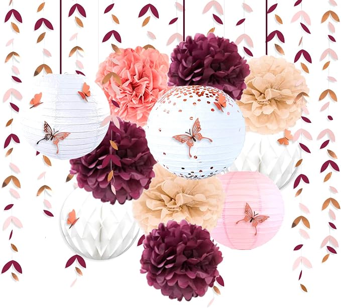 Burgundy Rose Gold Pink Party Decorations Lanterns Flowers Pom Pom with 3D Butterfly Stickers and Leaf Garland Streamers for Birthday Engagement Wedding Bridal Shower Bachelorette Fall Autumn Party
