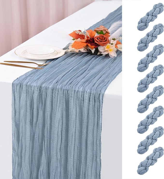 8 Pack Dusty Blue Cheesecloth Table Runner 120 Inch 10FT Spring Boho Rustic Sheer Gauze Cheese Cloth Table Runner for Wedding Baby Shower Birthday Party Table Decor