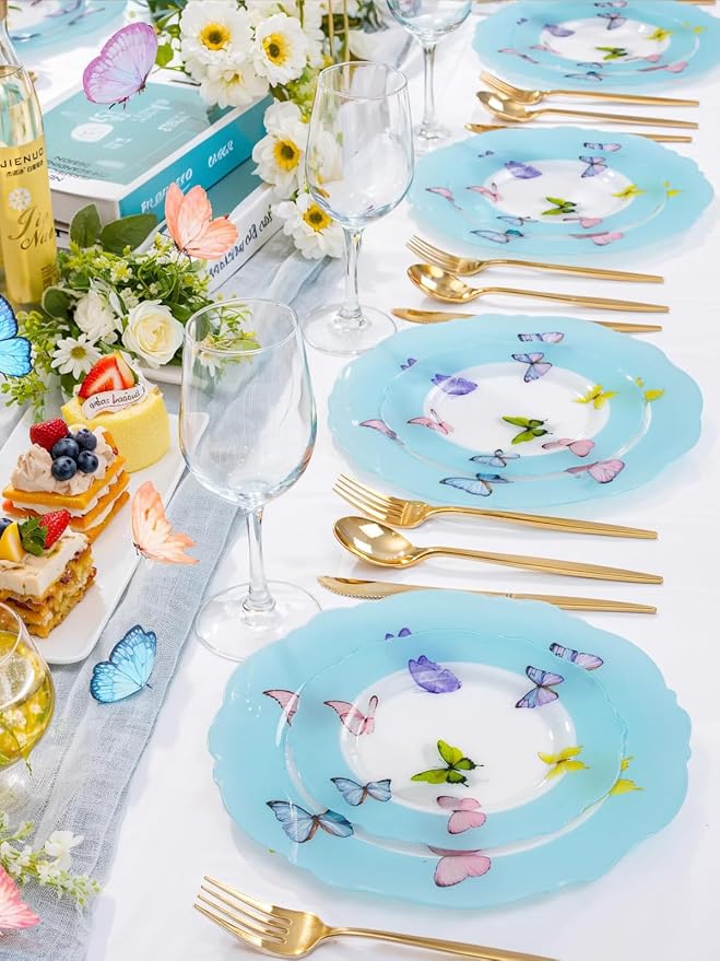 WDF 20PCS Blue Butterfly Plates - Baroque Spring Plates Disposable - Light Blue Butterfly Party Decorations for Birthdays/Tea Party/Bridal Shower (Pack of 2)