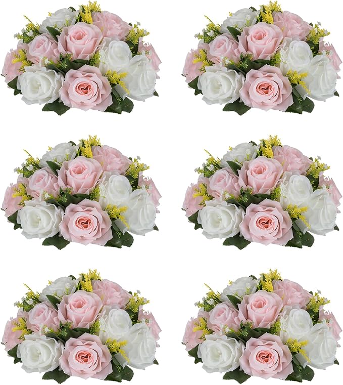 NUPTIO Flower Ball Centerpieces for Tables: 6 Pcs Artificial Pink & White Rose Arrangements for Wedding Centerpiece - Faux Silk Floral Kissing Balls for Home Gender Reveal Party Mother's Day Decor