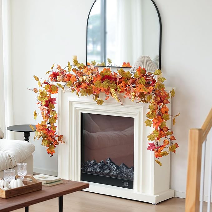 MIZII Fall Decor Artificial Maple Leaf Pumpkin Garland 6FT Fake Autumn Vines Garland Thanksgiving Halloween Harvest Decorations for Porch Mantle Table Centerpieces Fireplace Farmhouse (Yellow PK)