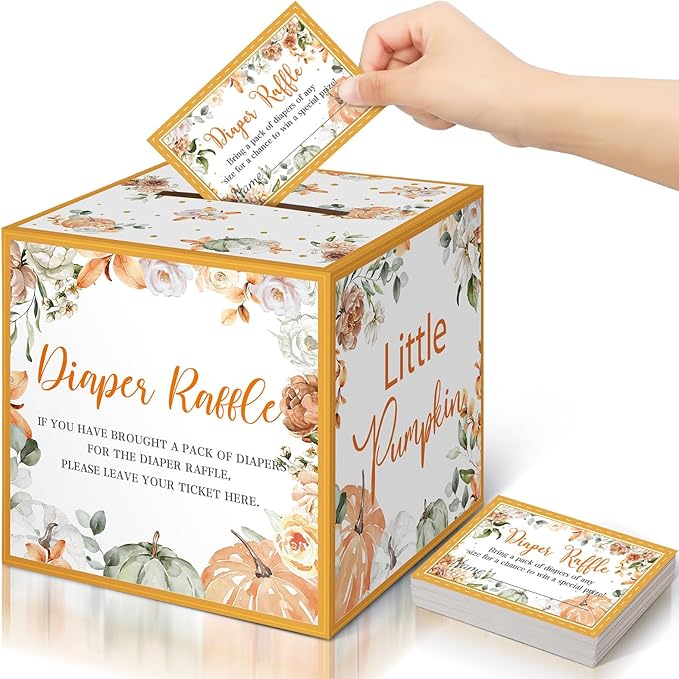 Teling 51 Pieces Diaper Raffle Tickets with Card Box Baby Shower Decorations Gender Reveal Holder Box for Girl Boy Diaper Raffle Party(Little Pumpkin)