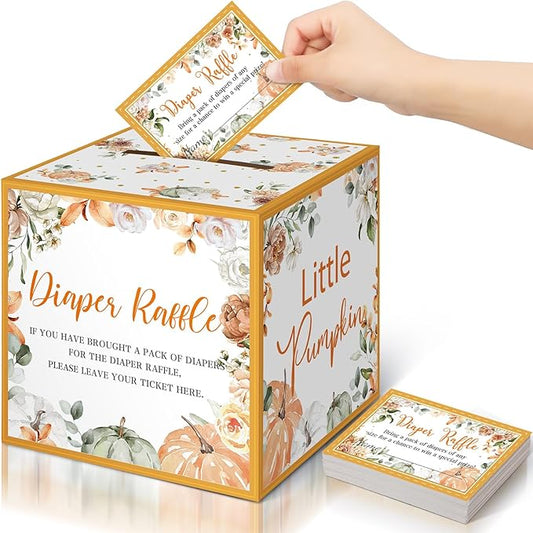 Teling 51 Pieces Diaper Raffle Tickets with Card Box Baby Shower Decorations Gender Reveal Holder Box for Girl Boy Diaper Raffle Party(Little Pumpkin)