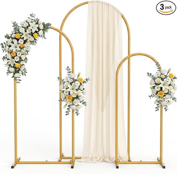 Metal Arch Backdrop Stand 3 Set (6FT+5FT+4FT), Gold Wedding Arch Frame, Balloon Arch Stand for Baby Shower, Wedding, Birthday, Ceremony, Party Decor