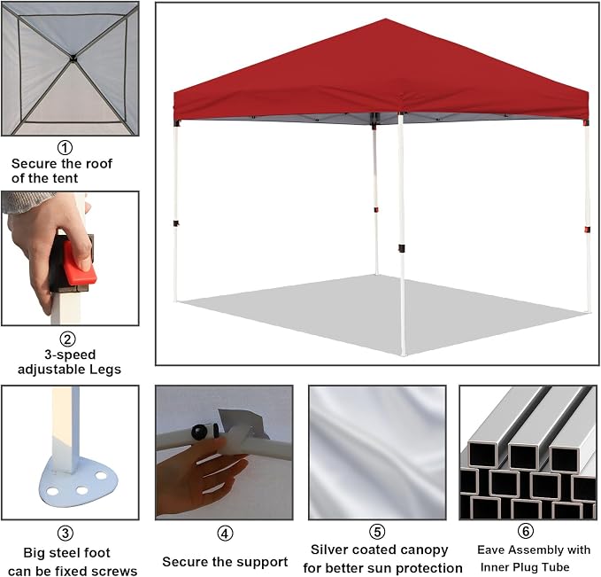 Northroad 10x10ft Pop Up Canopy, Popup Outdoor Canopy Tent with Wheeled Carrying Bag,Portable Gazebo Shelter for Patio,Deck,Garden,Beach（Red）