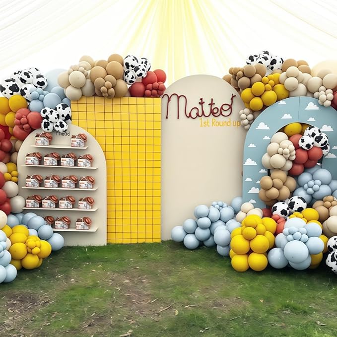 Western Balloon Arch Kit, 123pcs Retro Burnt Orange Pastel Blue Mustard Yellow Balloon Garland with Cow Print Cloud Print Balloons for Boy Story Baby Shower First Rodeo Farm Adventure Decorations