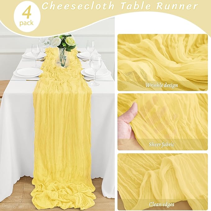 4Pack Light Yellow Cheesecloth Table Runner 10FT Gauze Cheese Cloth Table Runner 35x120Inch Long Boho Spring Easter Table Runners Rustic Sheer Table Runners for Wedding Baby Bridal Shower Decor