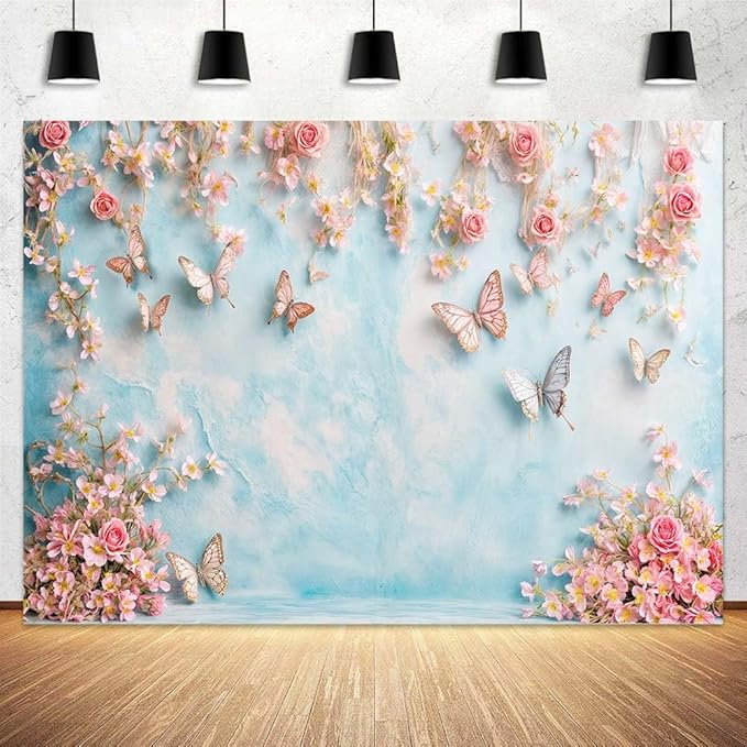 9x6ft Butterfly Floral Backdrop Birthday Colorful Flowers Photo Background for Girls Wedding Birthday Party Girls Princess Butterfly Theme Baby Shower Events Party Decorations Photo Booth Props