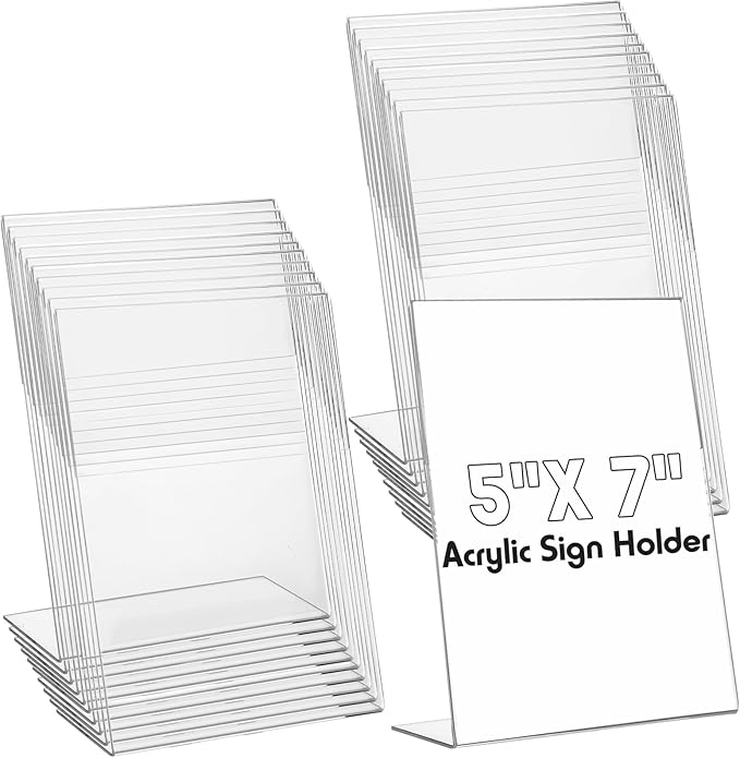 Vicenpal 200 Pcs 5 x 7 Inch Acrylic Sign Holder Acrylic Picture Frames Plastic Picture Flyer Holder l Shaped Photo Frames Self Standing Desktop Table Signs for Office, Store, Restaurant, Vertical