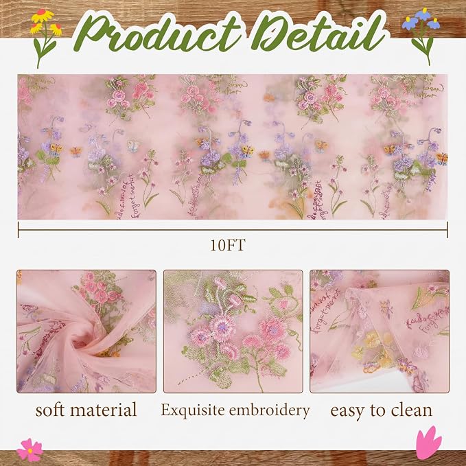 Pink Floral Table Runner 10ft Embroidery Tulle Spring Wildflower Table Runner Seasonal Summer Butterfly Kitchen Dining Gauze Decoration for Wedding Baby Shower Birthday Party (1 Pcs)