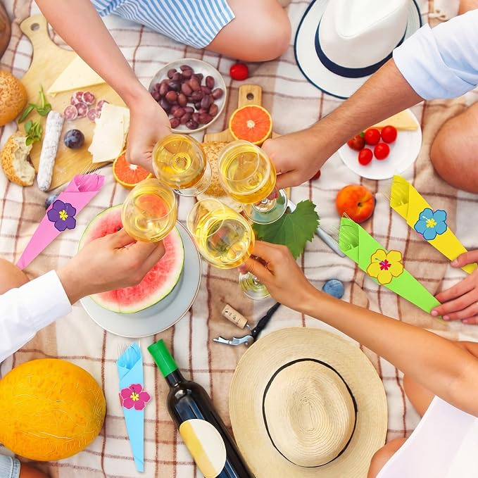 200 Pcs Pre Rolled Summer Floral Napkin Cutlery Set Disposable Colorful Plastic Cutlery Set with Knives Forks Spoons Napkins Napkin Rings for Summer Hawaiian Luau Floral Hibiscus Party Supplies