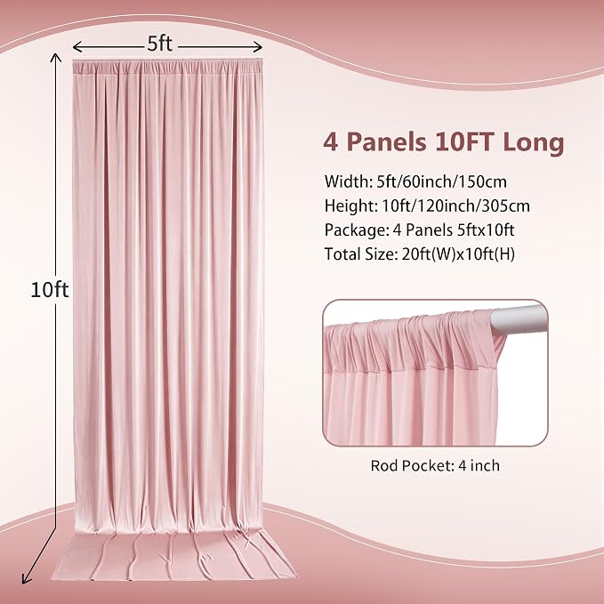 20ft×10ft Wrinkle Free Dusty Pink Backdrop Curtain for Parties | 4 Panels 5ft×10ft Soft Silky Polyester Pink Photo Backdrop Drapes for Wedding Party Baby Shower Decor Back Drop Cloth