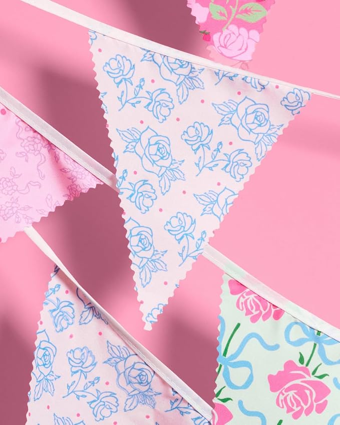 xo, Fetti Tea Party Bunting Banner - 32 Pieces 30ft | Garden Party Garland, Pastel Floral Decor, Birthday, Easter Pennants, Spring, Mother's Day, Pink Blue Purple