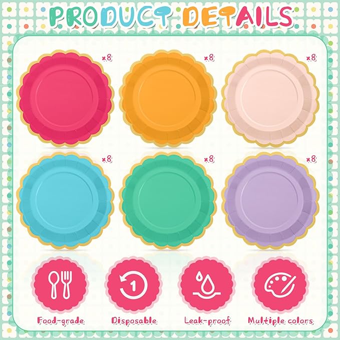 48 Pcs Candy Color Paper Plates 9 Inch Light Colorful Rainbow Scalloped Paper Disposable Dinner Dessert Plates for Birthday Wedding Bridal Party Supplies, 6 Colors