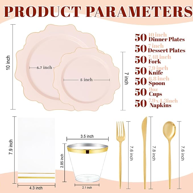 WDF 350Pcs Pink Plastic Plates - Pink and Gold Disposable Plates 50Guest Plastic Dinnerware for Baby Shower/Birthday/Wedding/Spring/Mother's Day