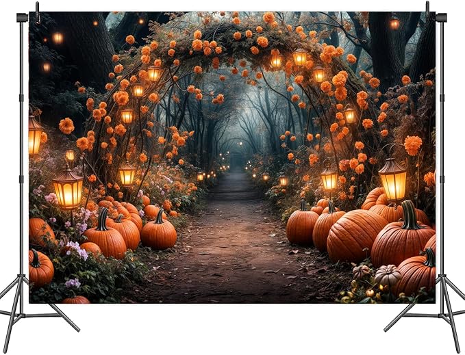 12 x 10 ft Fall Photography Backdrop Autumn Forest Maple Leaves Pumpkins Thanksgiving Party Supplies Nature Scenery Path Landscape Outdoor Party Decor Photo Booth Studio Props