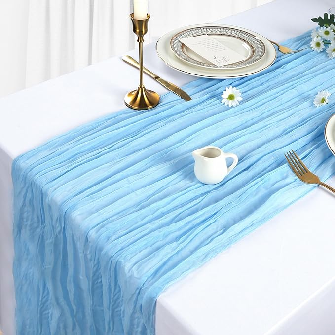 6 Pack Baby Blue Cheesecloth Table Runner 10Ft Spring Gauze Cheese Cloth Table Runner 35x120 Inch Boho Sheer Rustic Fabric Runner for Party Decor Baby Shower Wedding Decorations