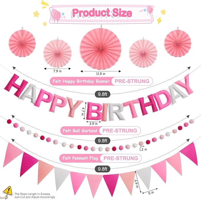 Pre-Strung Happy Birthday Banner, Reusable Felt Birthday Party Decorations, 3D Effect Happy Birthday Sign with Felt Ball Garland, Pennant Flag, Hanging Paper Fans for Men Women Boy Girls (Pink)
